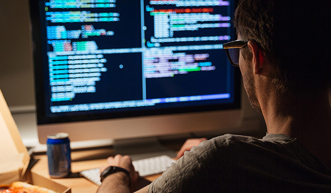 Back view of focused programmer writing code and eating pizza